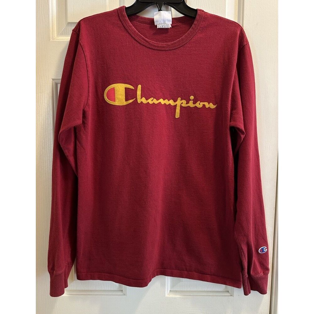 Champion Mens T-Shirt Red Long Sleeve Crew Neck Logo Pullover Cotton Size‎ M